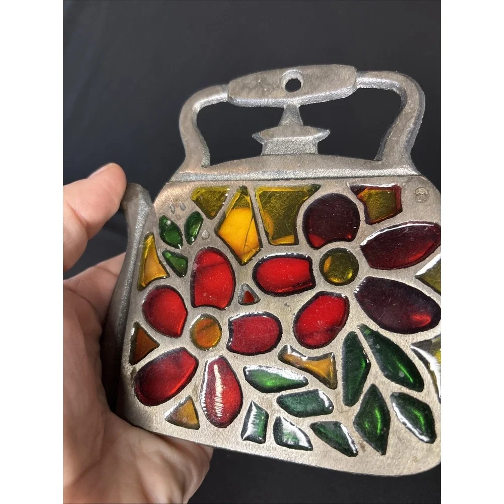 Vintage Cast Iron/Stained Glass Trivet‎ For Tea Kettle w/Flowers